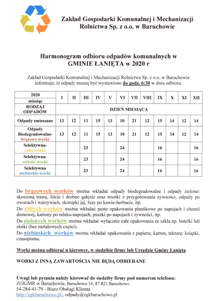 Harmonogram odbioru odpadów