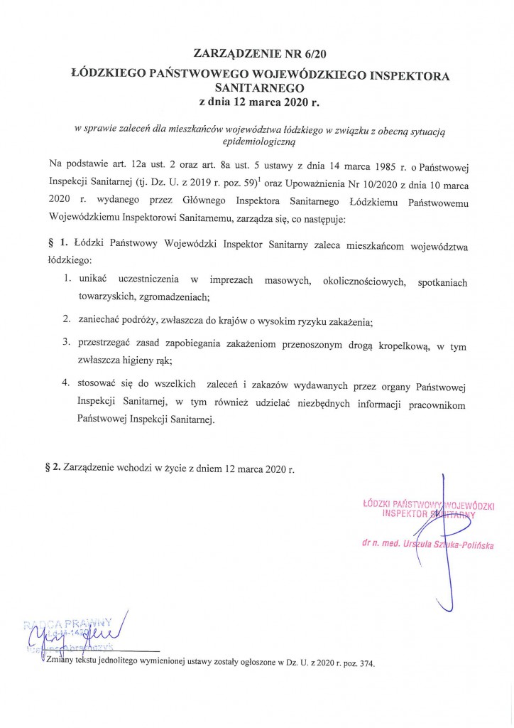 Zarządzenie Nr 6 z 2020 r. ŁPWIS z dnia 12 marca 2020 r-1
