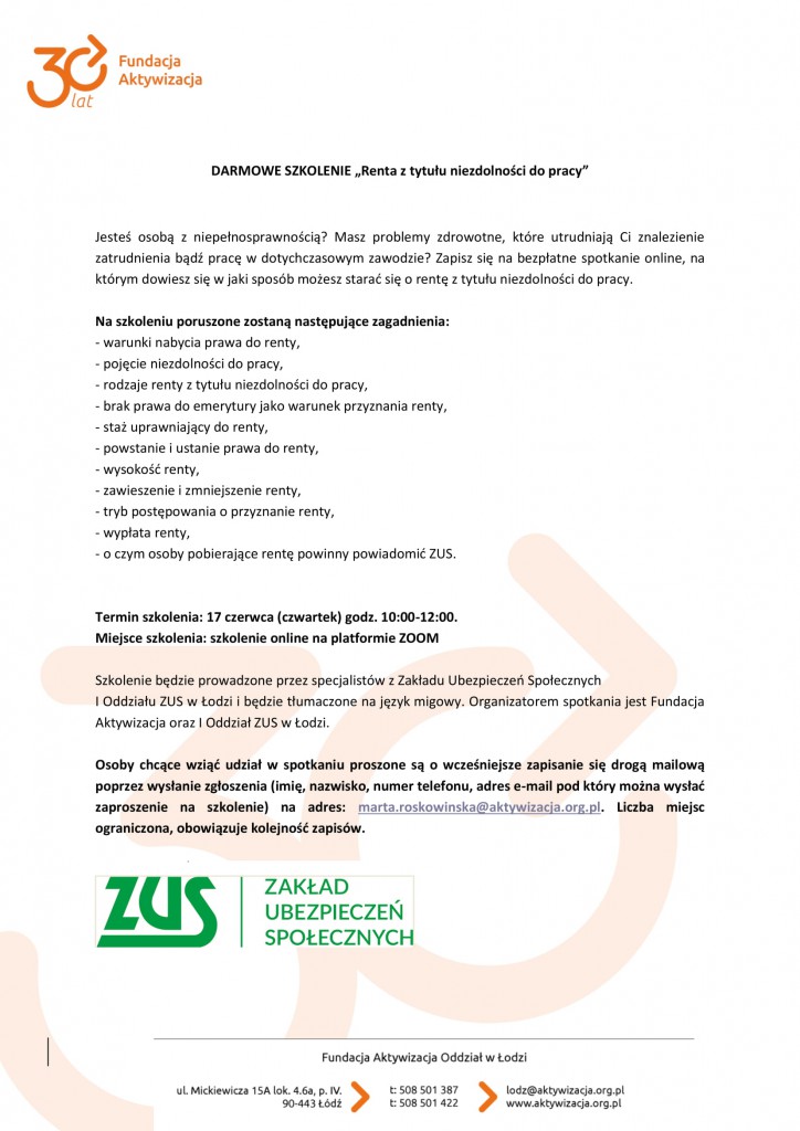 Szkolenie z Fundacją Aktywizacja dla osób niepełnosprawnych - 17 czerwca 2021 r.-1-1