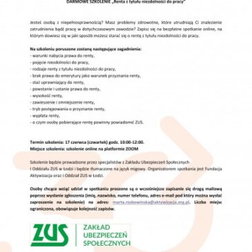 Szkolenie ,,Renta z tytułu niezdolności do pracy”