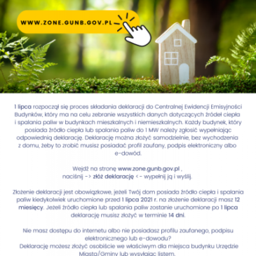 Złóż deklarację dotyczącą źródła ciepła i źródeł spalania paliw elektronicznie na stronie: zone.gunb.gov.pl lub w Urzędzie Gminy Łanięta!
