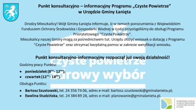 Punkt konsultacyjno-informacyjny Programu „Czyste Powietrze” w Urzędzie Gminy Łanięta