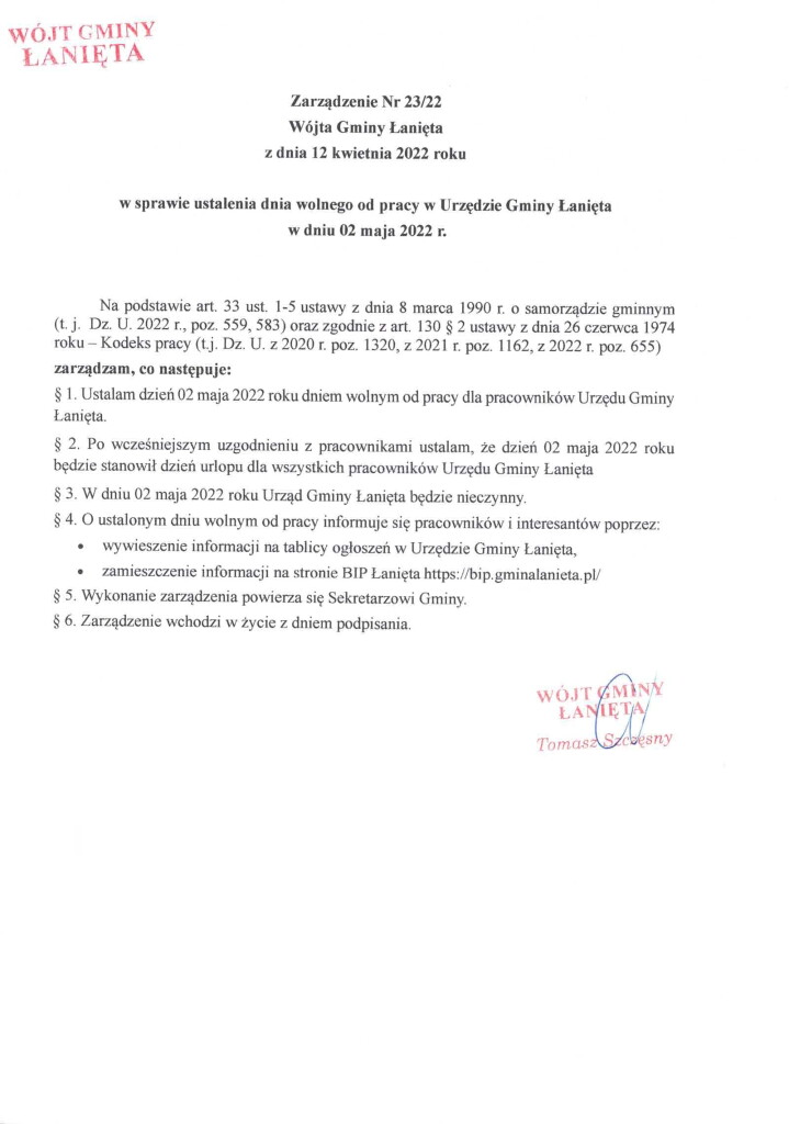 Zarządzenie 23.22 w sprawie ustalenia dnia wolnego od pracy w Urzędzie Gminy Łanięta w dniu 02 maja 2022 r.-1