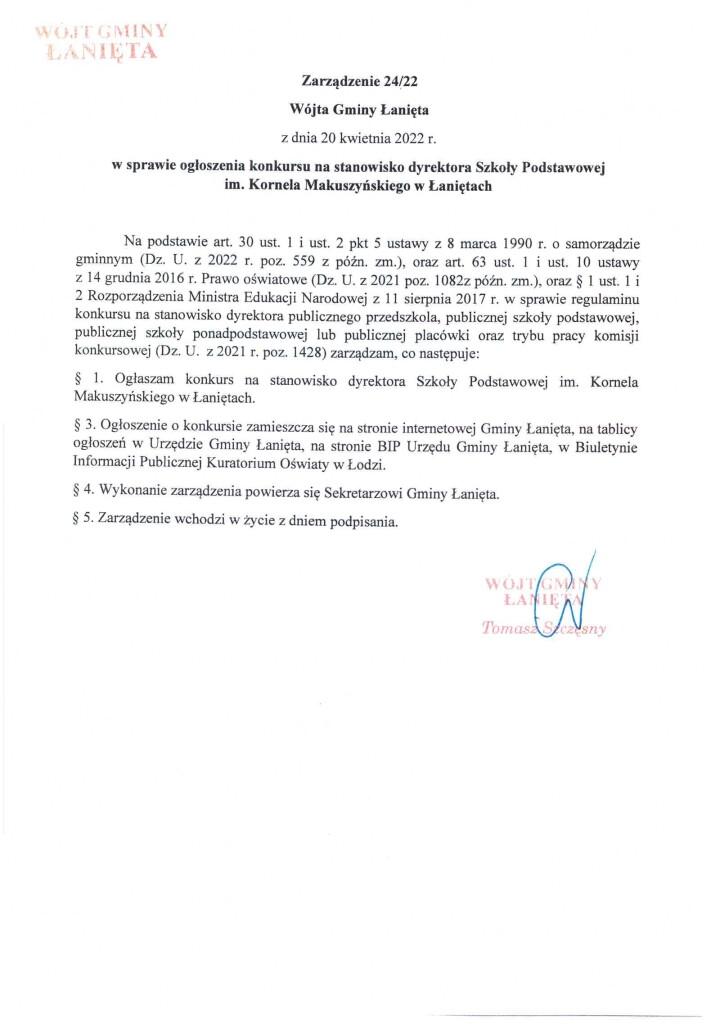 Zarządzenie 24.22 w sprawie ogłoszenia konkursu na stanowisko dyrektora Szkoły Podstawowej im. Kornela Makuszyńskiego w Łaniętach (2)-1