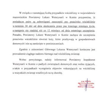 „Komunikat Powiatowego Lekarza Weterynarii w Kutnie ws. wścieklizny”