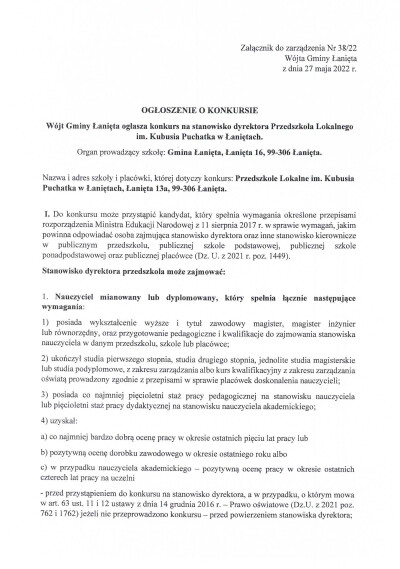 Ogłoszenie o konkursie na stanowisko dyrektora Przedszkola Lokalknego im. Kubusia Puchatka w Łaniętach-1