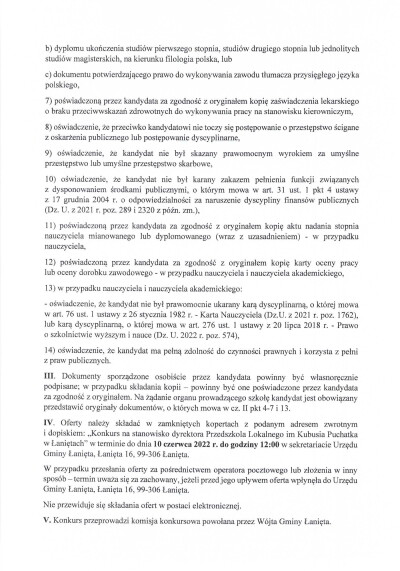 Ogłoszenie o konkursie na stanowisko dyrektora Przedszkola Lokalknego im. Kubusia Puchatka w Łaniętach-4