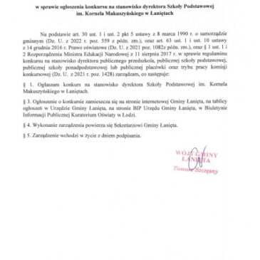 Konkurs na stanowisko dyrektora Szkoły Podstawowej  im. Kornela Makuszyńskiego w Łaniętach