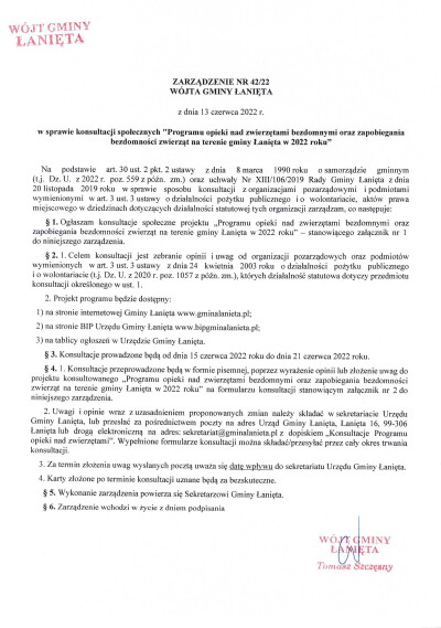 Zarządzenie 42.22 w sprawie konsulltacji społecznych Programu nad zwierzętami bezdomnymi oraz zapobiegania bezdomności zwierząt na terenie gminy Łanięta w 2022 roku-1