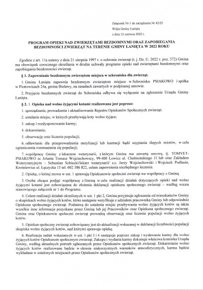Zarządzenie 42.22 w sprawie konsulltacji społecznych Programu nad zwierzętami bezdomnymi oraz zapobiegania bezdomności zwierząt na terenie gminy Łanięta w 2022 roku-2