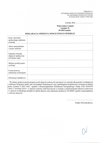Zarządzenie 42.22 w sprawie konsulltacji społecznych Programu nad zwierzętami bezdomnymi oraz zapobiegania bezdomności zwierząt na terenie gminy Łanięta w 2022 roku-5
