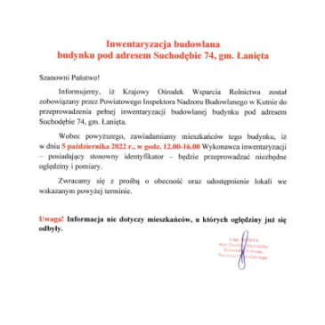 Inwentaryzacja budowlana budynku pod adresem Suchodębie 74, gm. Łanięta