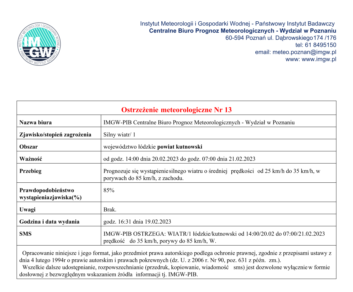 Ostrzeżenie meteorologiczne Nr 13