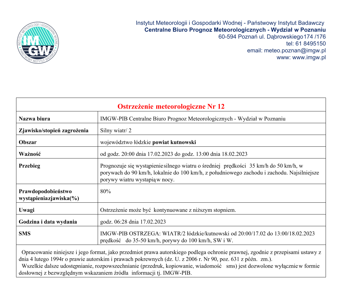 Ostrzeżenie meteorologiczne nr 12 - silny wiatr