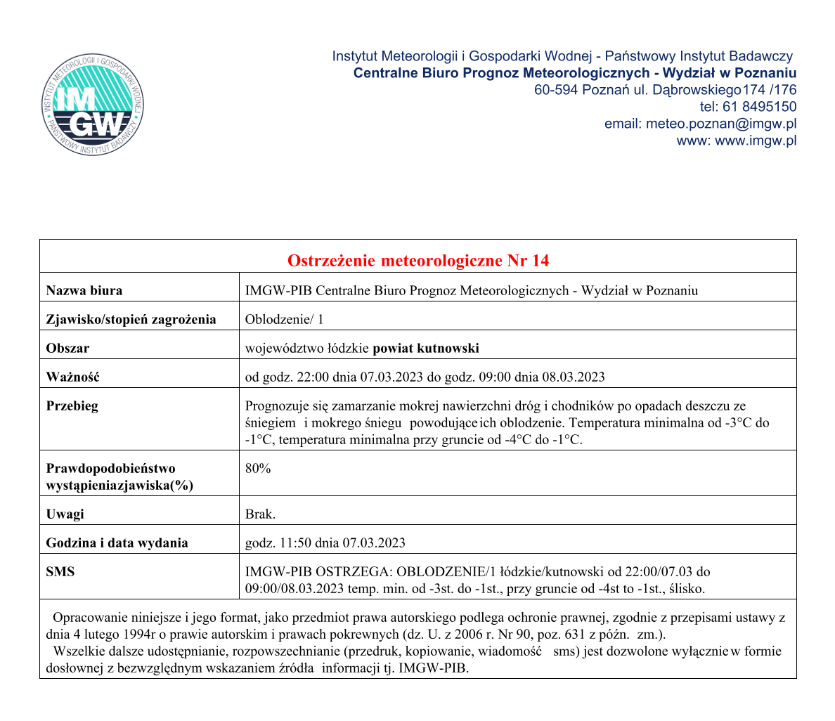 Ostrzeżenie meteorologiczne Nr 14 - oblodzenie