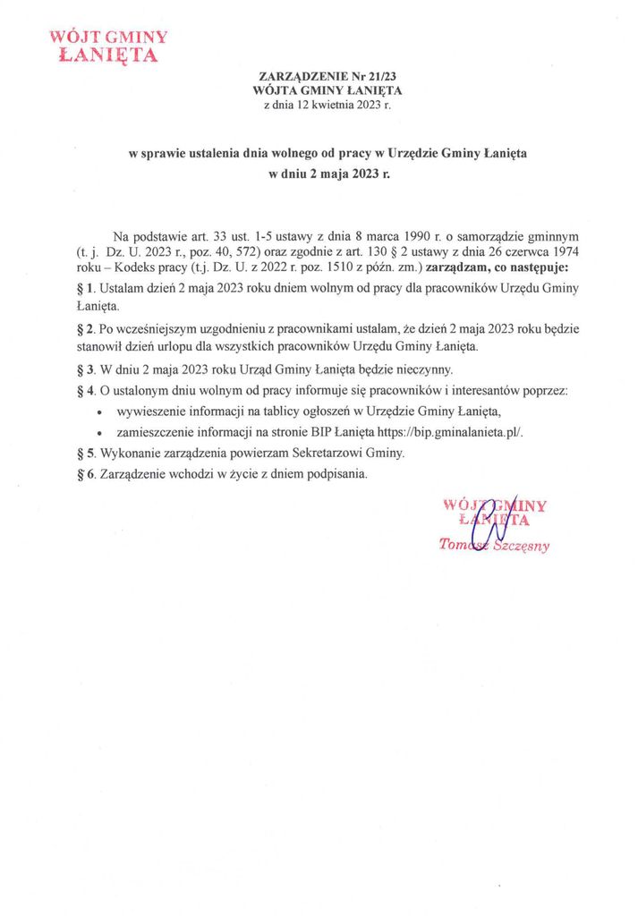 Zarządzenie 21.23 w sprawie ustalenia dnia wolnego od pracy w Urzędzie Gminy Łanięta w dniu 2 maja 2023 r.