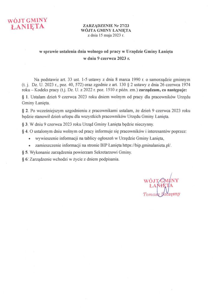 Zarządzenie 27.23 w sprawie ustalenia dnia wolnego od pracy w Urzędzie Gminy Łanięta w dniu 9 czerwca 2023 r.