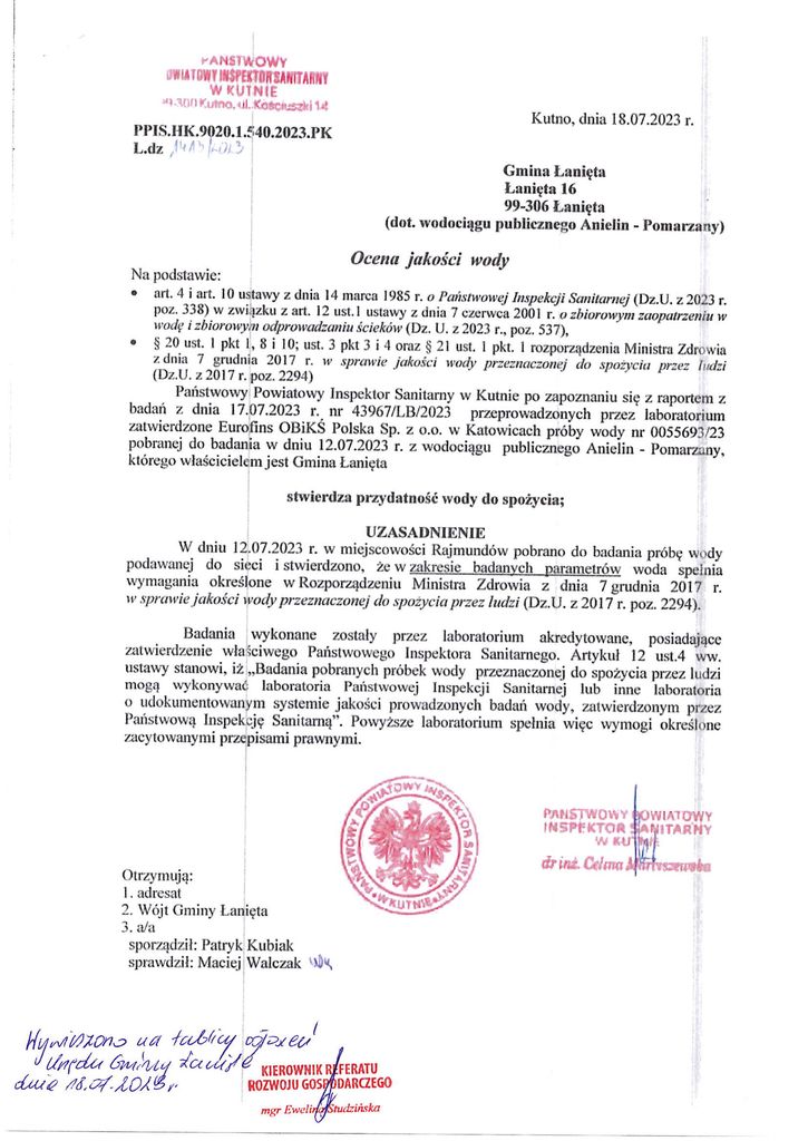 Ocena jakości wody z dnia 18.07.2023 r.