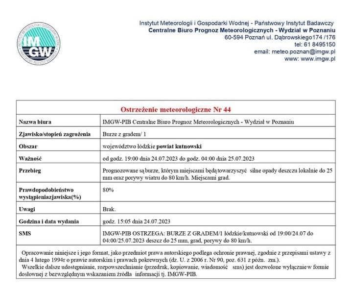 Ostrzeżenie meteorologiczne Nr 44