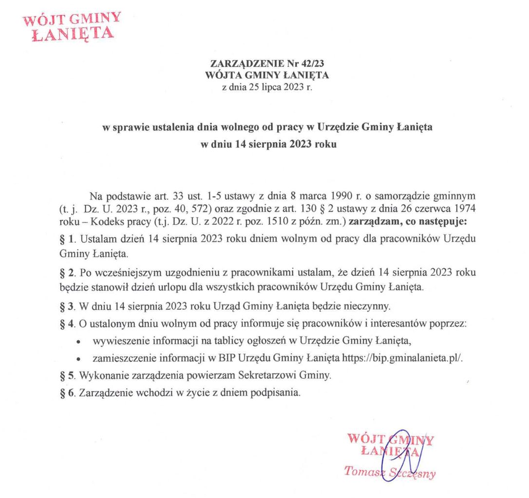 Zarządzenie Nr 42_23 w sprawie ustalenia dnia wolnego od pracy w Urzędzie Gminy Łanięta w dniu 14 sierpnia 2023 roku