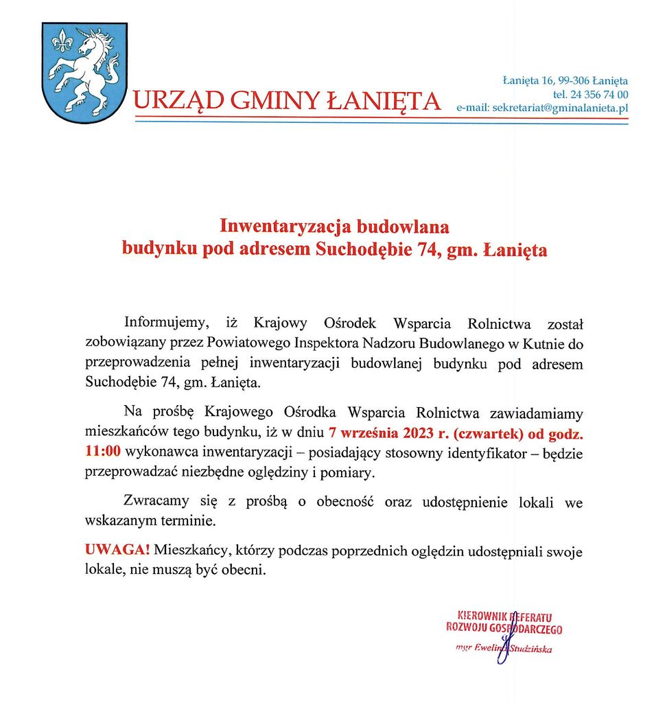 Komunikat o inwentaryzacji budowlanej