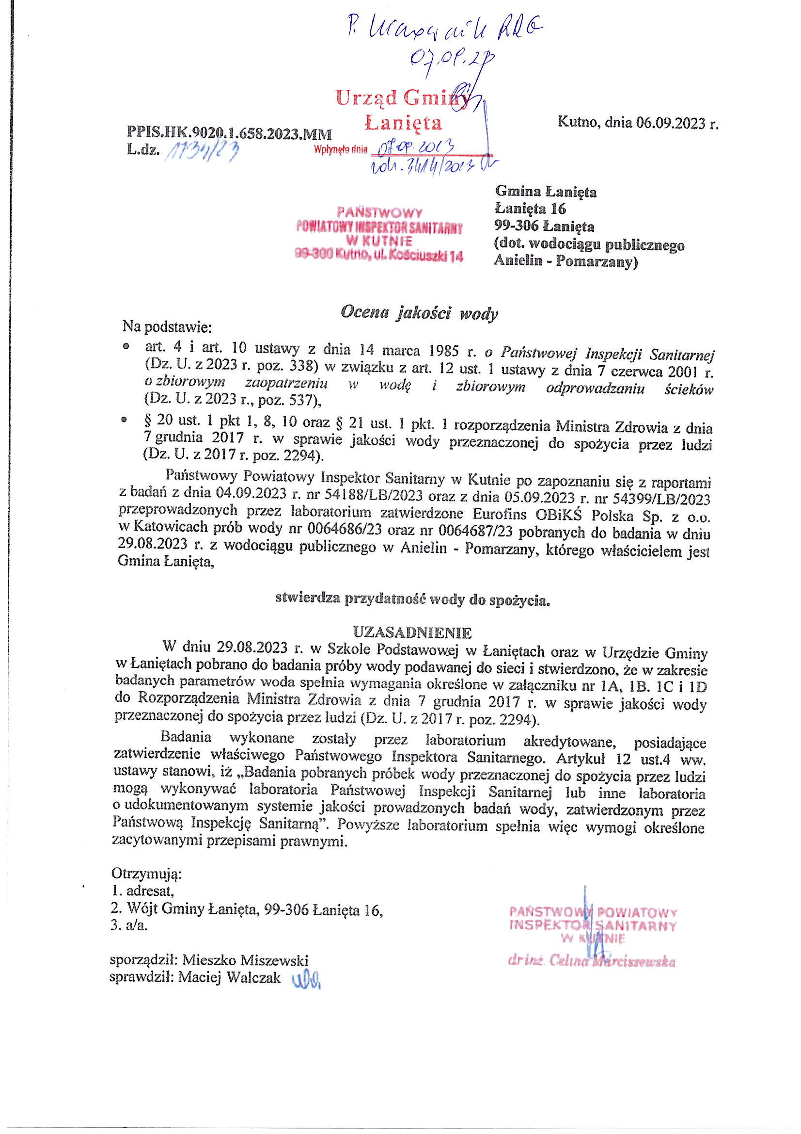 Ocena jakości wody z dnia 06.09.2023 r.
