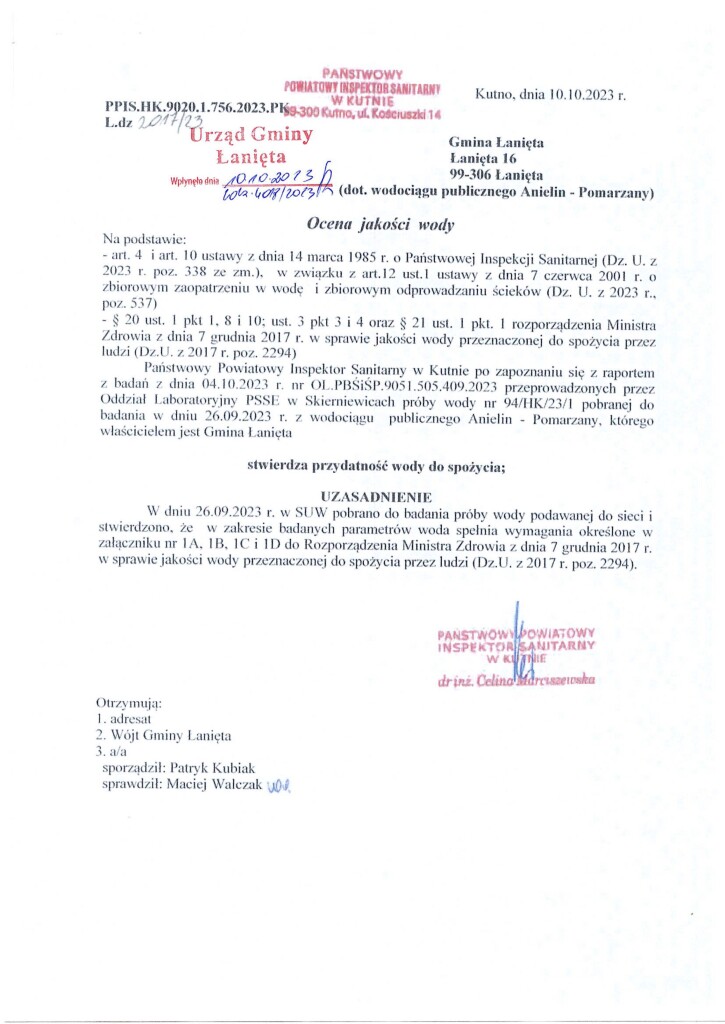 Ocena jakości wody z dnia 10.10.2023 r.