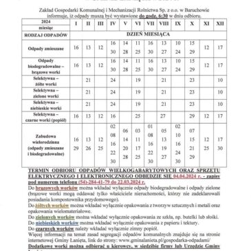 ⚠️ HARMONOGRAM ODBIORU ODPADÓW KOMUNALNYCH W GMINIE ŁANIĘTA W 2024 R. ⚠️