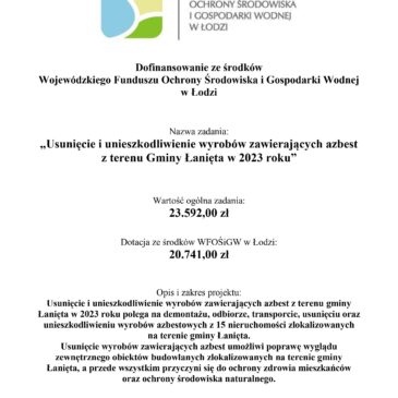 Dofinansowanie ze środków Wojewódzkiego Funduszu Ochrony Środowiska i Gospodarki Wodnej w Łodzi na zadanie pod nazwą: „Usunięcie i unieszkodliwienie wyrobów zawierających azbest z terenu Gminy Łanięta w 2023 roku”