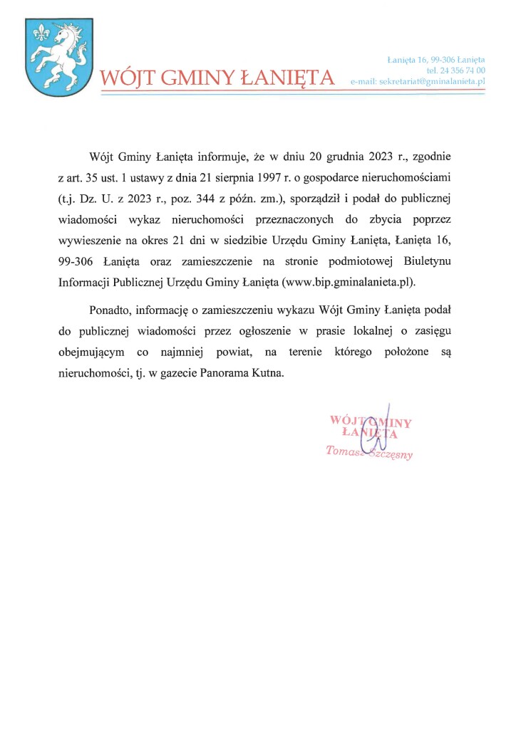 Informacja Wójta Gminy Łanięta