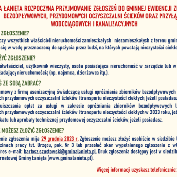 GMINA ŁANIĘTA ROZPOCZYNA PRZYJMOWANIE ZGŁOSZEŃ DO GMINNEJ EWIDENCJI ZBIORNIKÓW BEZODPŁYWOWYCH, PRZYDOMOWYCH OCZYSZCZALNI ŚCIEKÓW ORAZ PRZYŁĄCZY WODOCIĄGOWYCH I KANALIZACYJNYCH