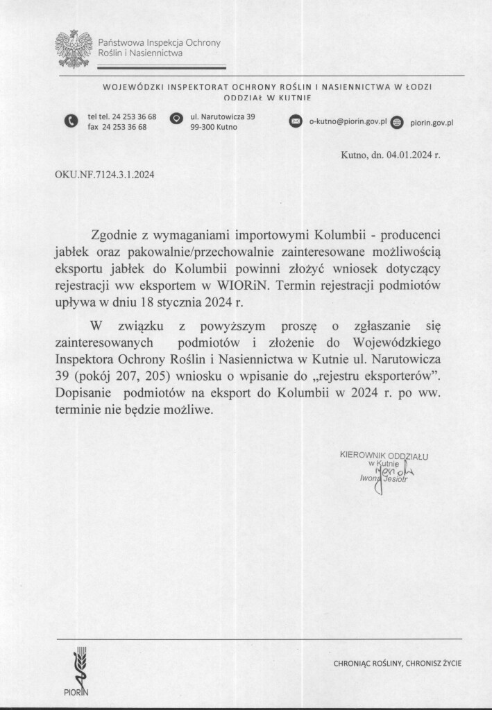 dot. eksportu jabłek do kolumbii