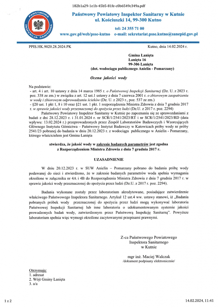 Ocena jakości wody z dnia 14.02.2024 r.