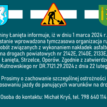 W dniu 1 marca 2024 r. o godz. 11:00 zostanie wprowadzona tymczasowa organizacja ruchu na drogach powiatowych nr 2142E, 2140E, 2133E, 2134E w gm. Łanięta, Strzelce Oporów