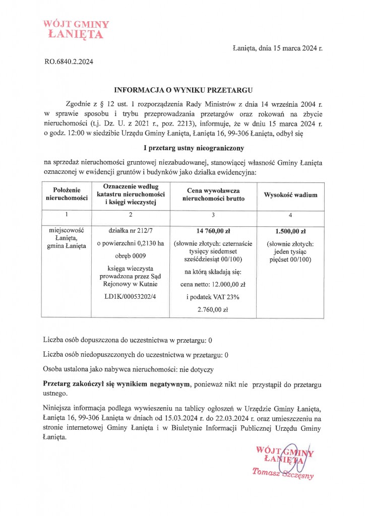 Informacja o wyniku przetargu