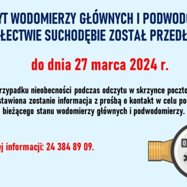 Odczyt wodomierzy i podwodomierzy w sołectwie Suchodębie został przedłużony