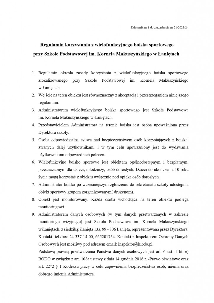Regulamin korzystania z wielofunkcyjnego boiska sportowego przy Szkole Podstawowj im. Kornela Makuszyńskiego w Łaniętach_1