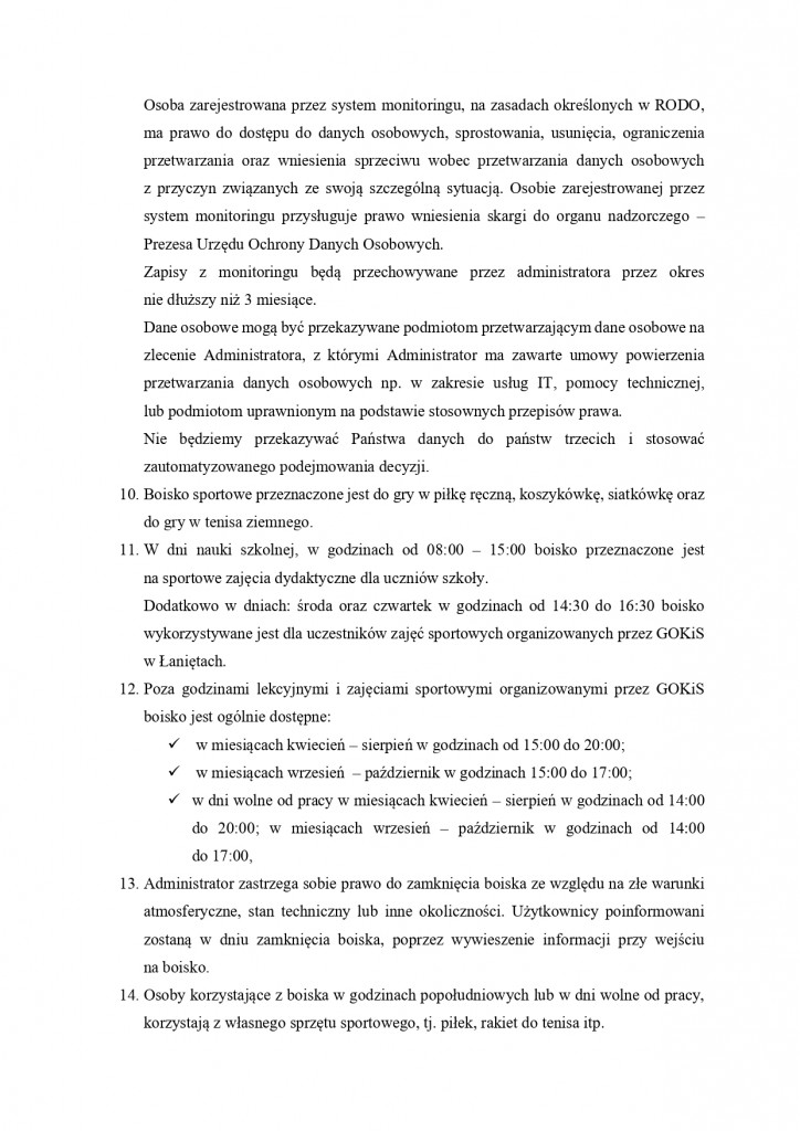 Regulamin korzystania z wielofunkcyjnego boiska sportowego przy Szkole Podstawowj im. Kornela Makuszyńskiego w Łaniętach_2