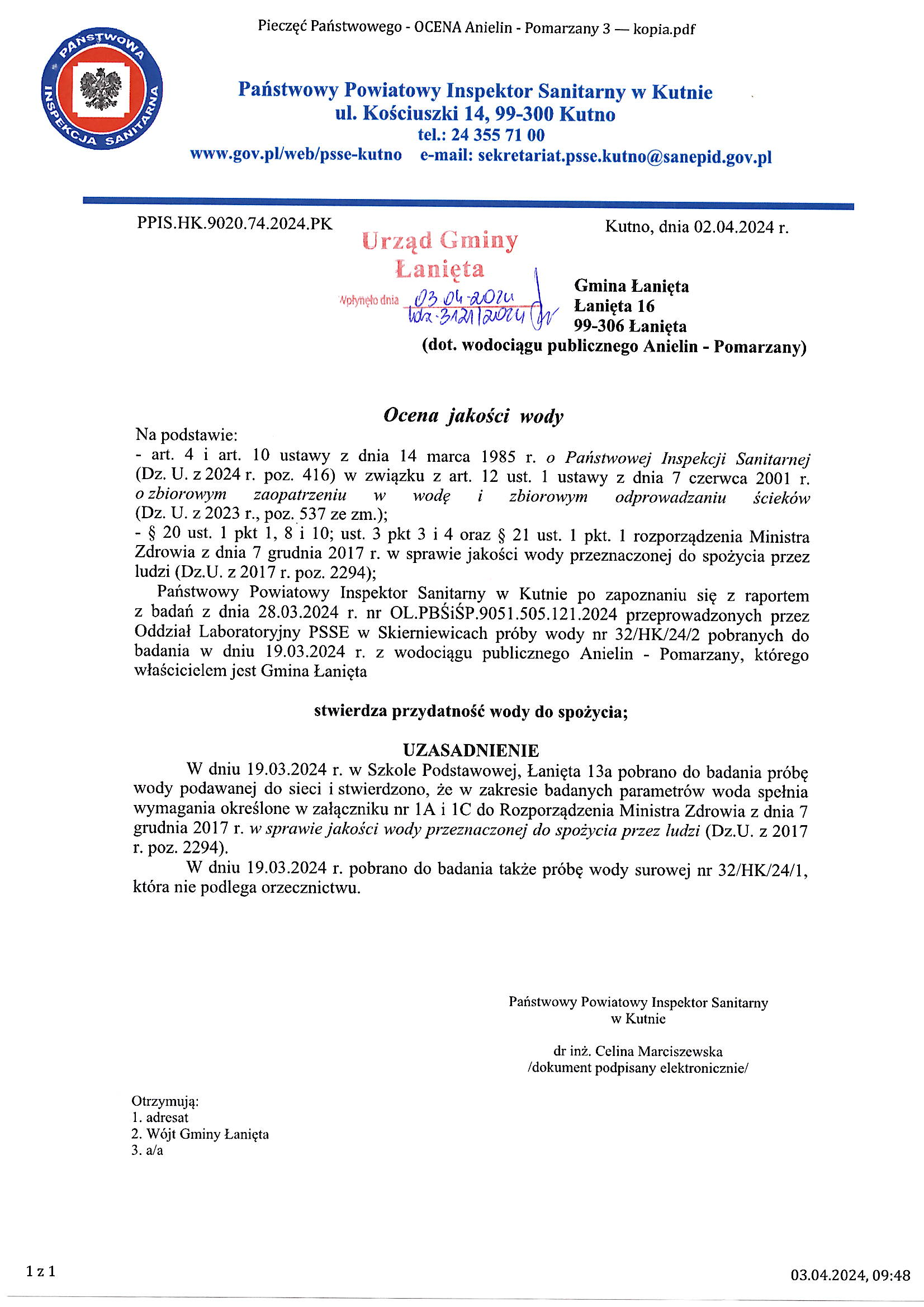 Ocena jakości z dnia 02.04.2024 r.