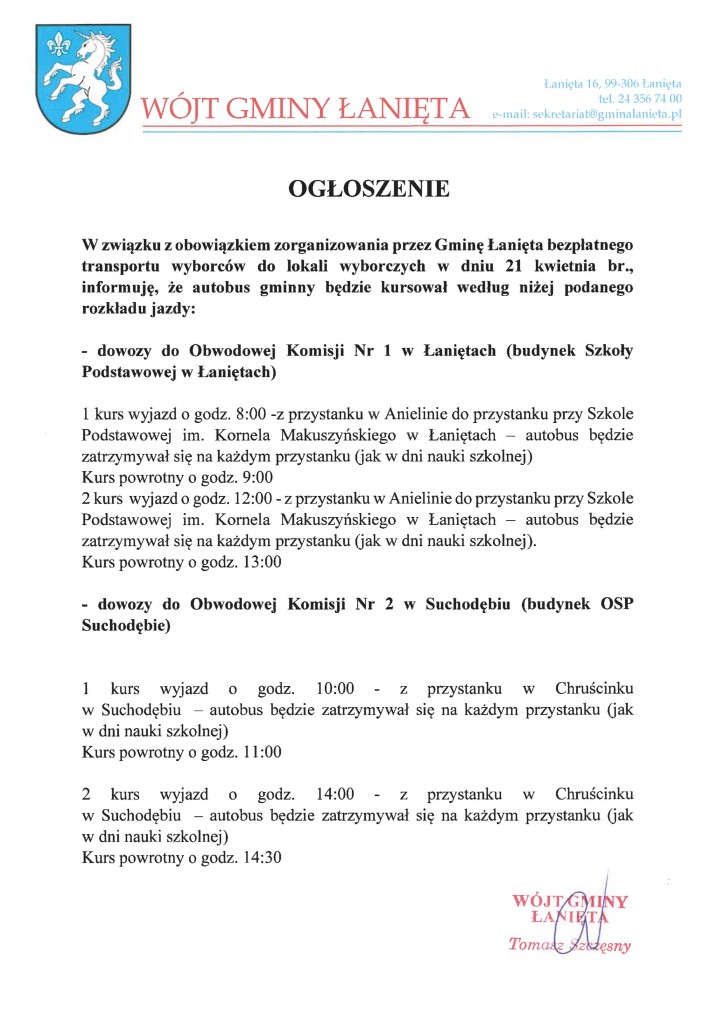 Ogłoszenie Wójta Gminy Łanięta w sprawie bezpłatnego transportu do lokali wyborczych
