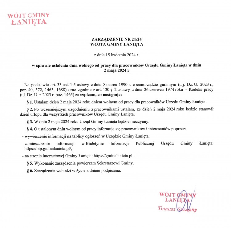 Zarządzenie 21.24 w sprawie ustalenia dnia wolnego od pracy dla pracowników Urzędu Gminy Łanięta w dniu 2 maja 2024 r.