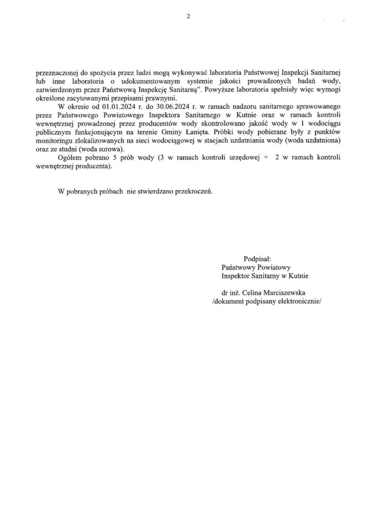 Okresowa ocena jakości wody przeznaczonej do spożycia przez ludzi z wodociągów zlokalizowanych na terenie Gminy Łanięta za okres I półrocza 2024 r.