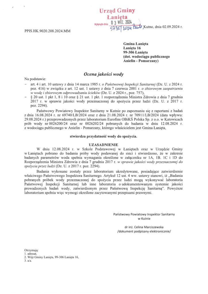 Ocena jakości wody z dnia 02.09.2024 r. 
