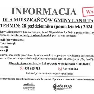 Urząd Gminy Łanięta nie współpracuje z żadną firmą prowadzącą audyty nieruchomości na terenie naszej gminy w ramach programu „Czyste Powietrze”.