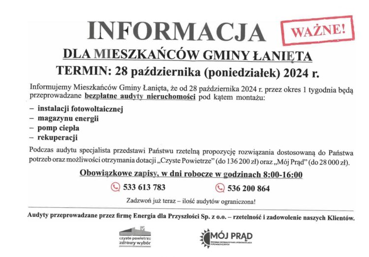 Urząd Gminy Łanięta nie współpracuje z żadną firmą prowadzącą audyty nieruchomości na terenie naszej gminy w ramach programu "Czyste Powietrze".