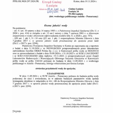 Ocena jakości wody z dnia 19.11.2024 r.