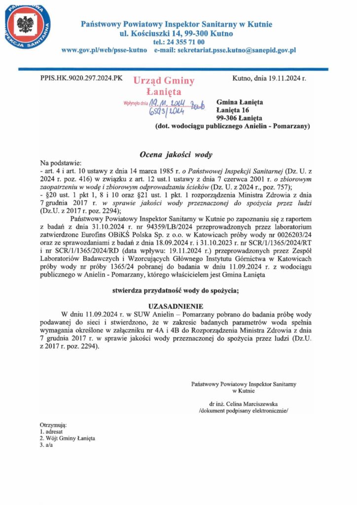 Ocena jakości wody z dnia 19.11.2024 r.