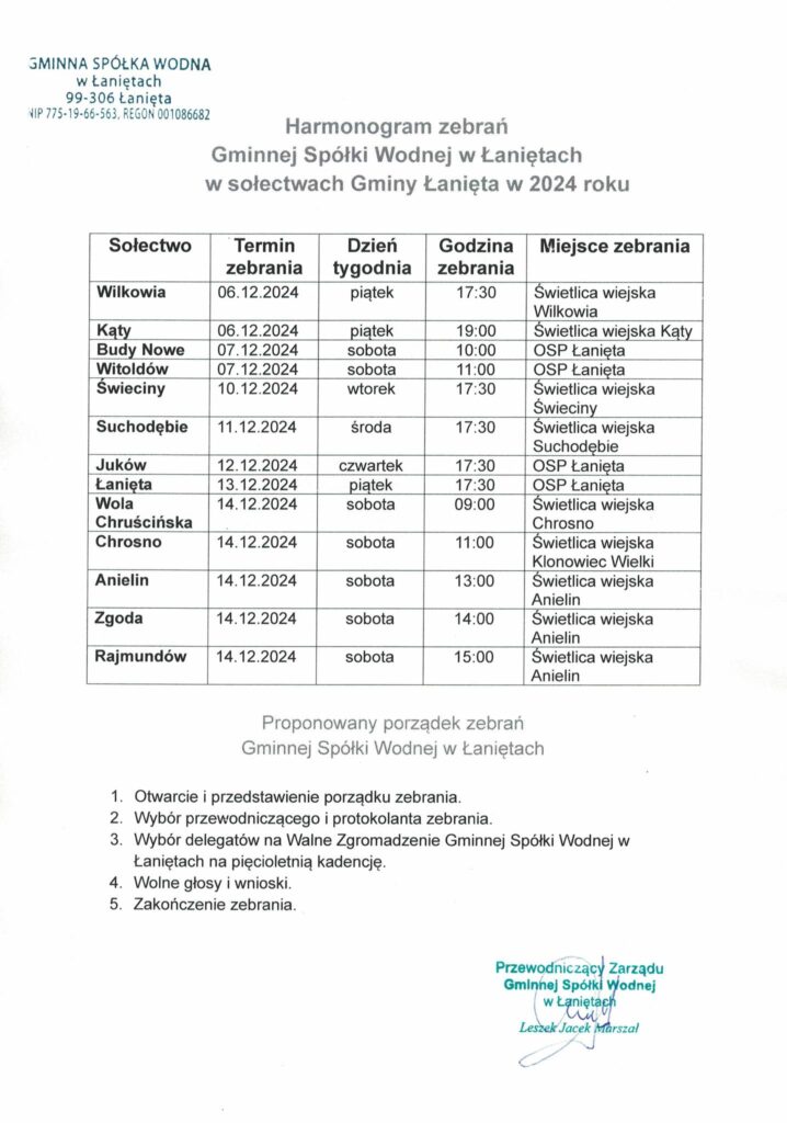Zarząd Gminnej Spółki Wodnej w Łaniętach zaprasza członków Spółki na zebrania, które odbędą się według poniższego harmonogramu.