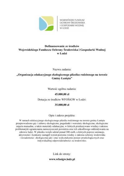 Organizacja edukacyjnego ekologicznego pikniku rodzinnego na terenie Gminy Łanięta