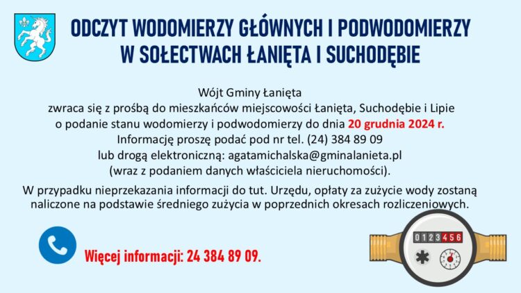 ODCZYT WODOMIERZY GŁÓWNYCH I PODWODOMIERZY W SOŁECTWACH ŁANIĘTA I SUCHODĘBIE